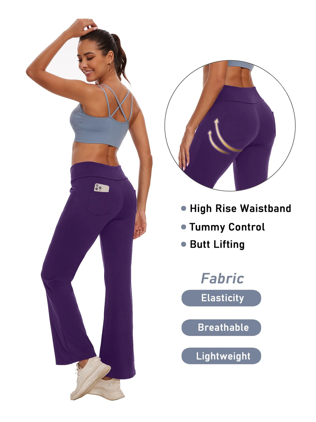 Womens Bootcut Yoga Pants with Pockets Flare Workout Legging High Waist Lightweight Bottoms Activewear Purple 3XL